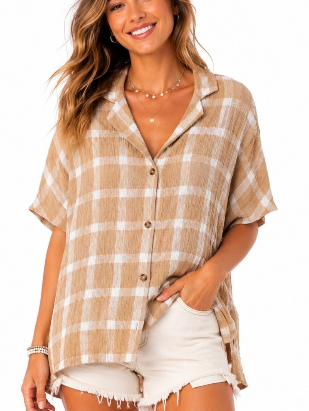 Billabong Beachside Plaid Textured Camp Shirt Tan Button Front Small Oversized